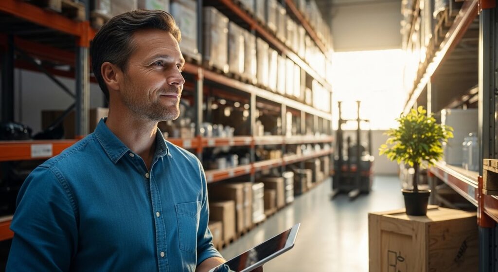 empresario mira estanteria de almacen moderno con tableta digital