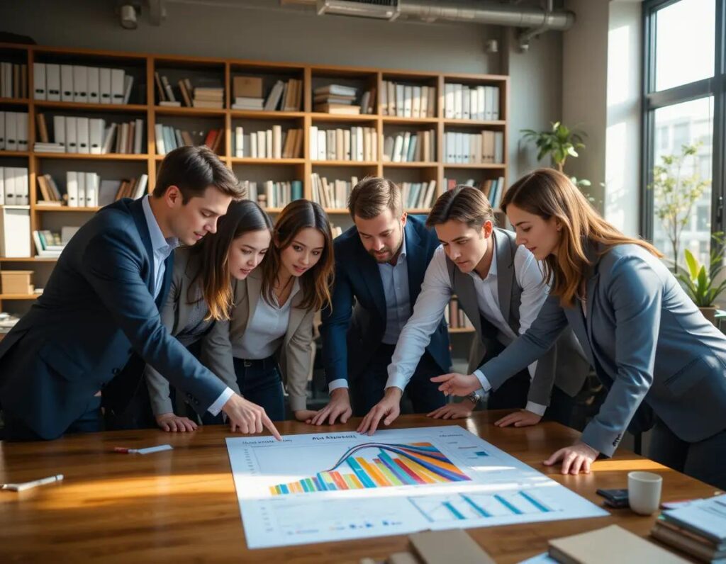 equipo analizando un grafico pareto en oficina luminosa y organizada