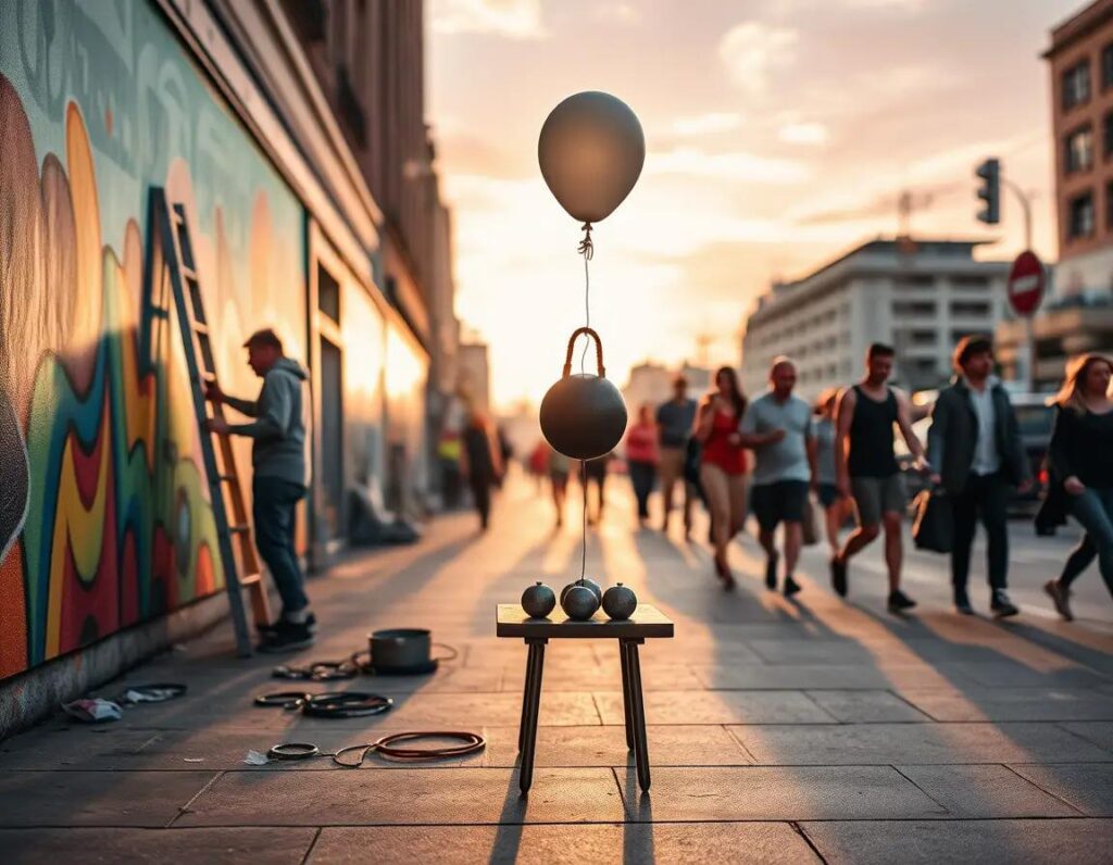 escena urbana al atardecer con mural balanza y globo en armonia