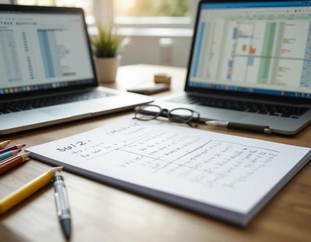 escritorio ordenado con calculadora laptop y notas en luz natural