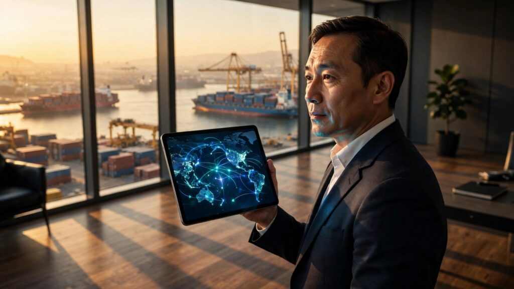 estratega de comercio observando puerto desde oficina con tablet