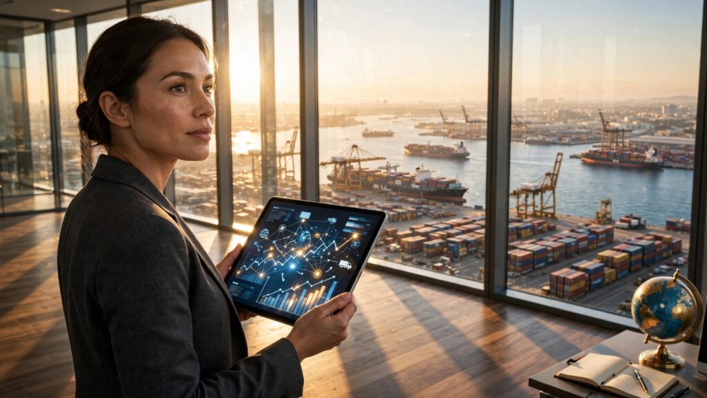 estratega economica observando puerto comercial desde oficina con tablet