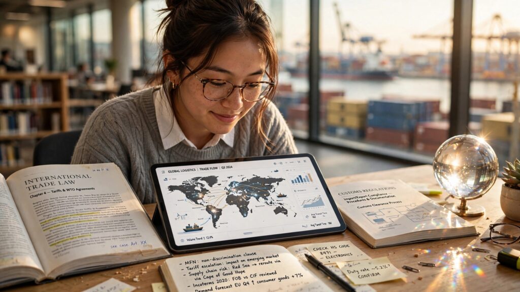 estudiante universitaria revisando rutas de comercio en biblioteca moderna