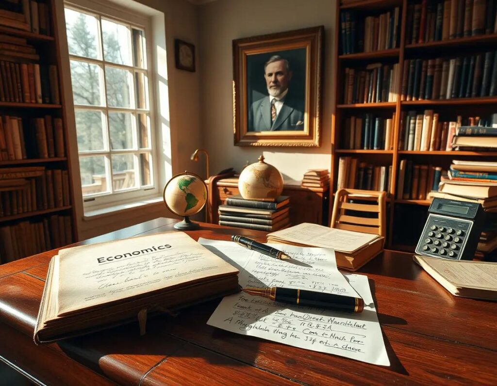 estudio calido con libros antiguos escritorio vintage y luz matutina