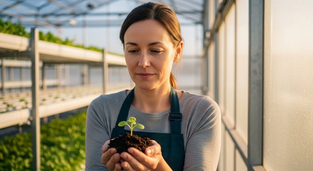 experta agricola observa brote verde en invernadero tecnologico soleado