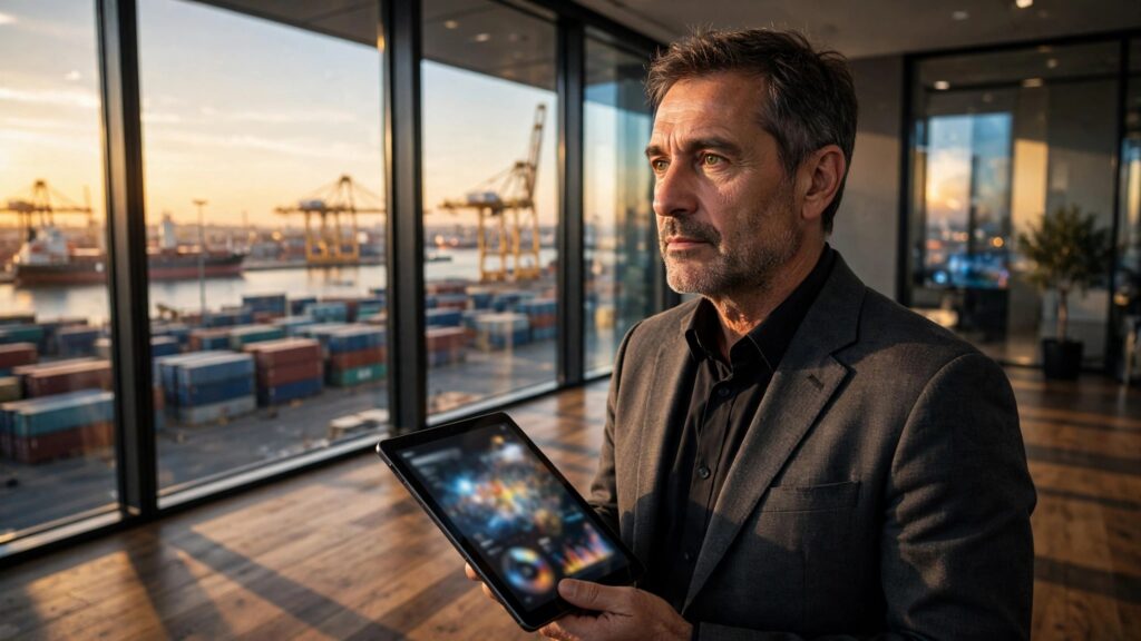 experto en politica comercial evaluando datos frente al puerto