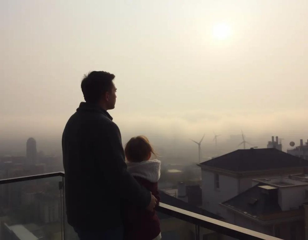 familia en balcon observa ciudad envuelta en neblina y contaminacion