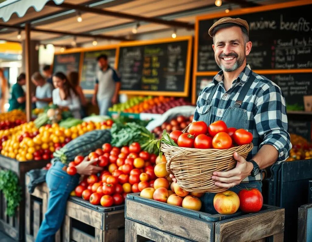 farmer smiling at vibrant market stall with fresh fruits and produce