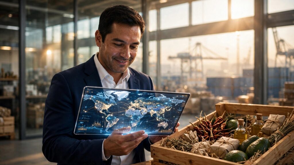 gerente mexicano examinando caja de carga con tableta digital