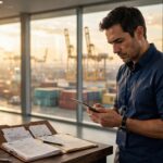 gestor de importaciones revisando permisos aduaneros en tableta