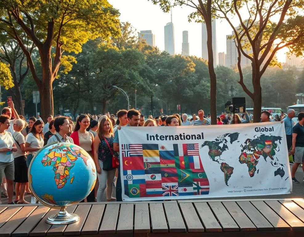 grupo diverso en parque urbano con globos terraqueos y banderas