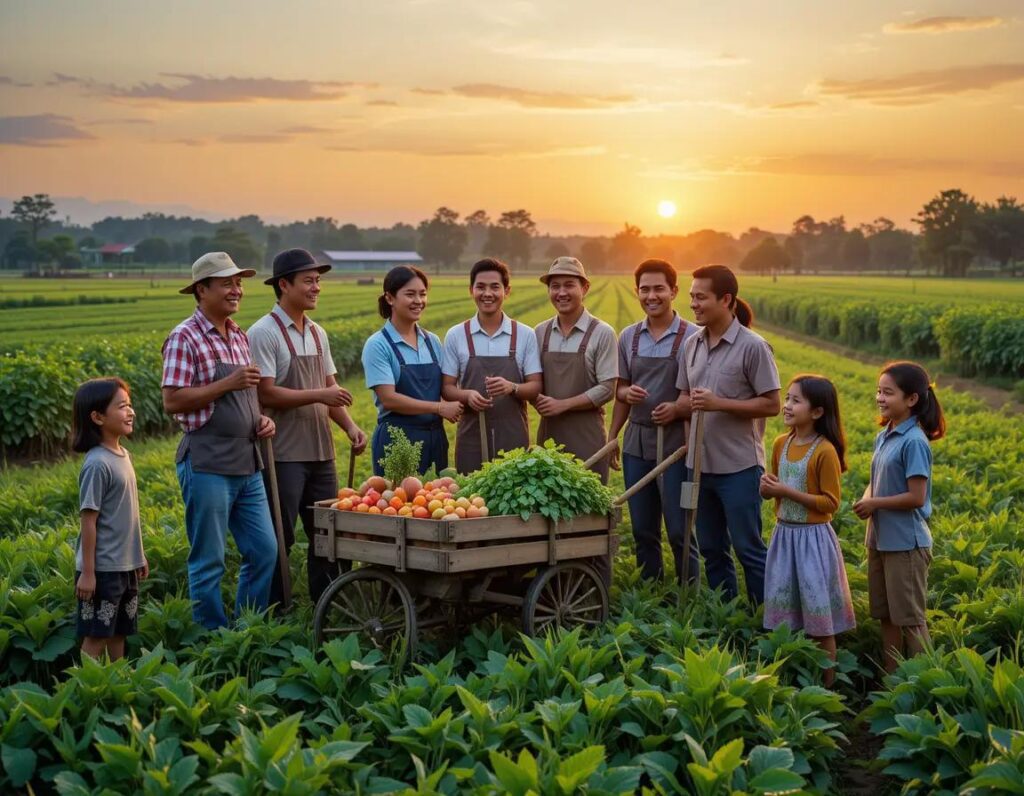grupos de agricultores sonrientes en campo al amanecer rodeados de cultivos