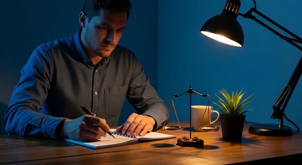 hombre enfocado en escritorio revisando cuentas con balanza antigua