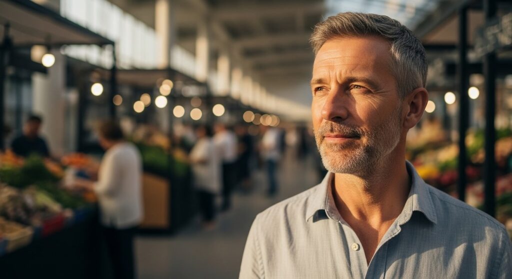 hombre observando mercado moderno bajo luz dorada con calma