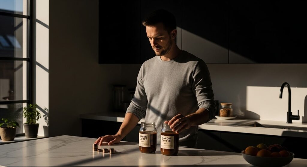 hombre pensativo en cocina soleada eligiendo entre dos cafes