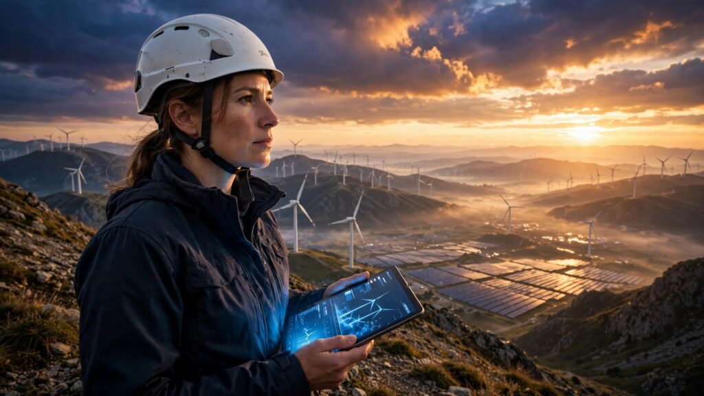 ingeniera de energias limpias revisando parque eolico con tableta