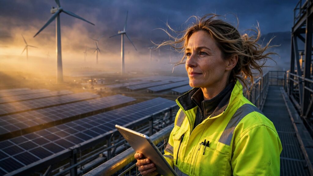 ingeniera observando planta de energia renovable con paneles y turbinas