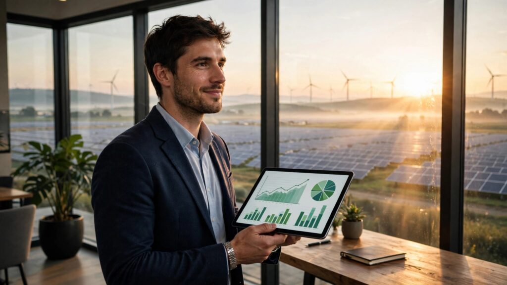 inversor joven observando datos de energia renovable en tableta