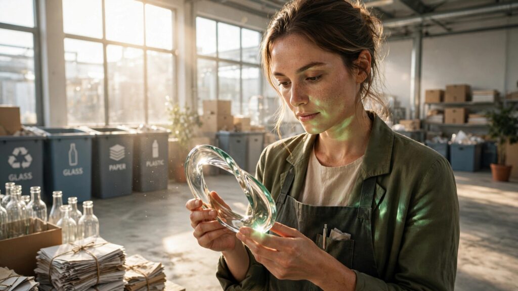 investigadora observando un simbolo ecologico de vidrio en estudio