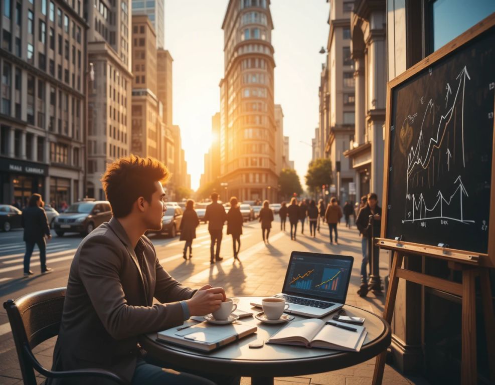 joven economista en cafe urbano al atardecer rodeado de graficos y notas