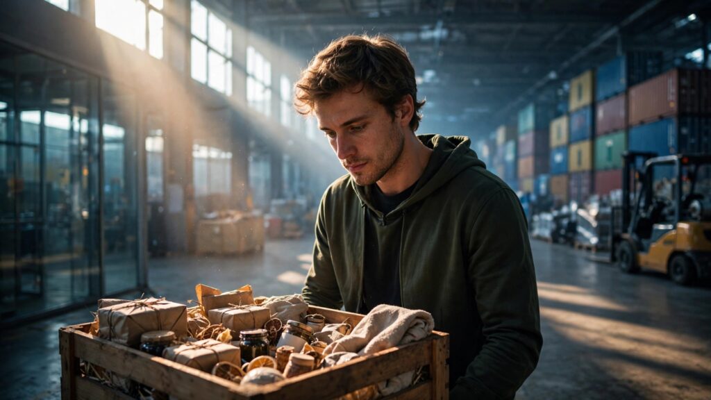 joven emprendedor revisando caja de mercancia en terminal logistica