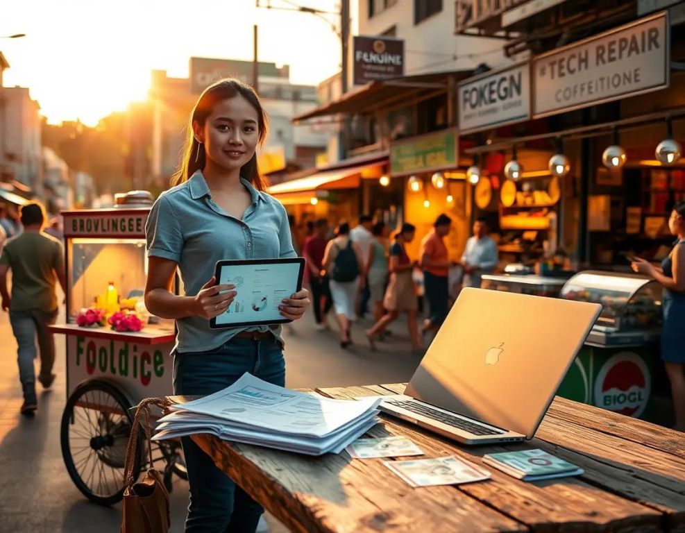 joven emprendedora con carrito de comida en calle vibrante al amanecer
