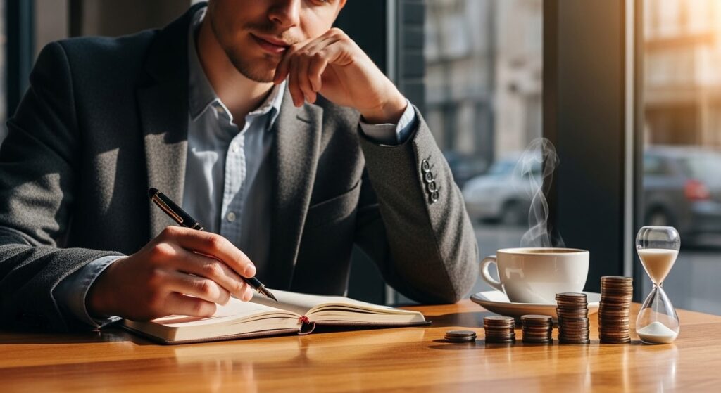 joven reflexiona ante notas con cafe y reloj arena