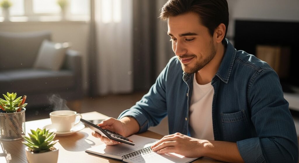 joven sonriente con calculadora en escritorio bajo luz natural
