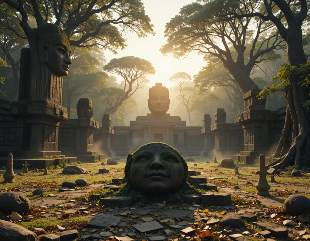 jungla dorada al amanecer con cabezas olmecas y artefactos antiguos