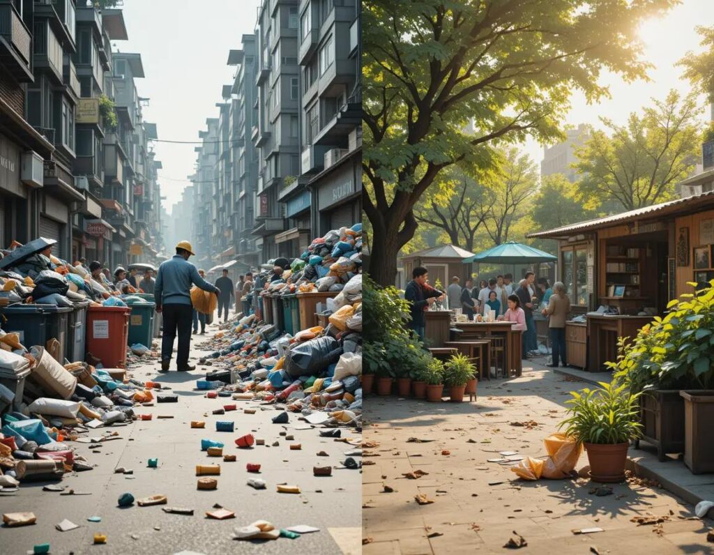 lado izquierdo basura y gris lado derecho verde y vibrante