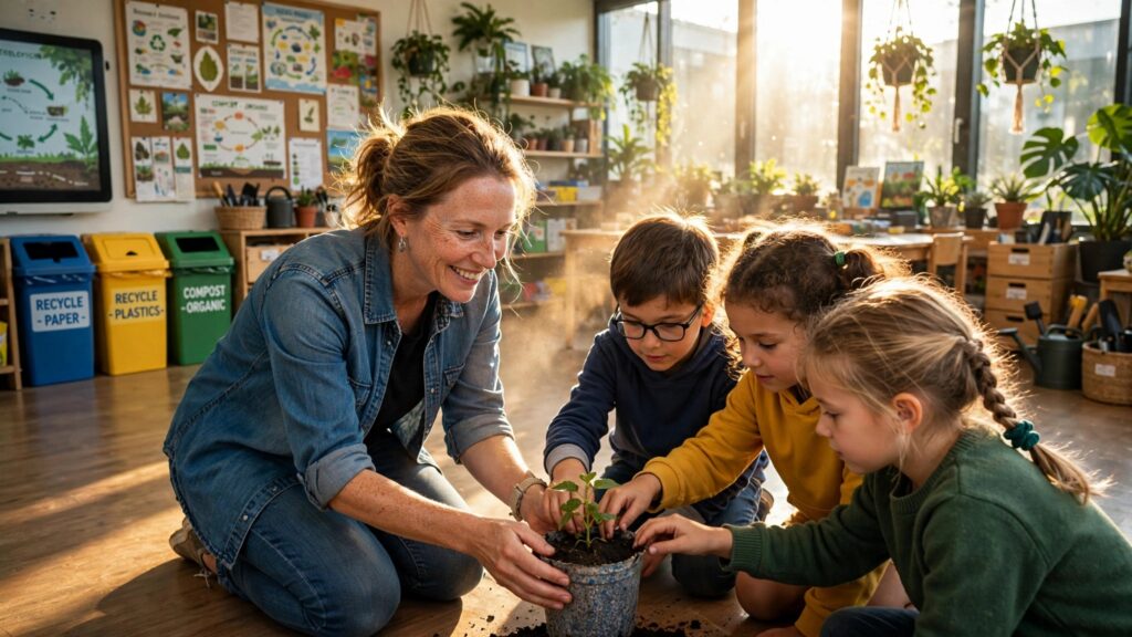maestra mostrando una planta reciclada a sus alumnos