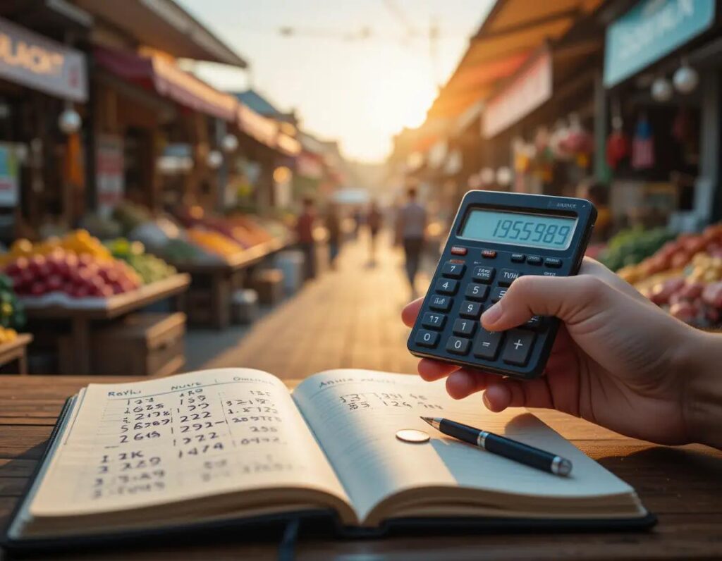 mano con calculadora vintage en mercado matutino detalles y luz calida