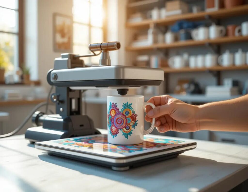 mano firme pressing colorful design onto mug in bright workshop