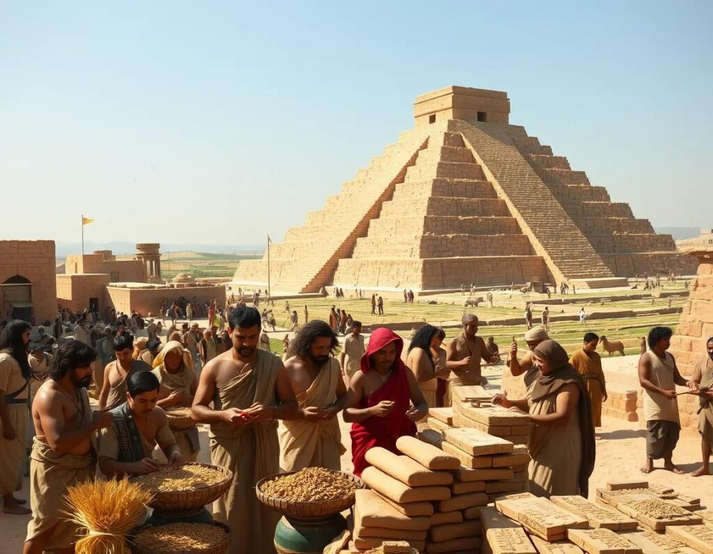 mercado antiguo con ziggurat comerciantes agricultores y arquitectura