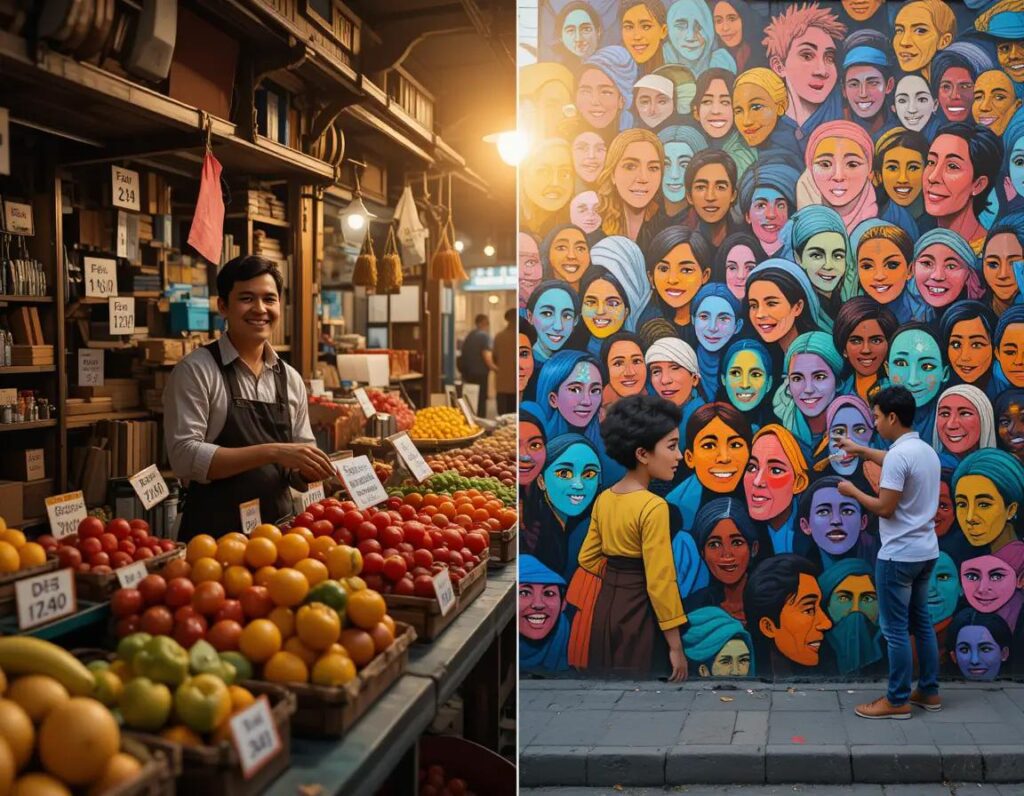 mercado matutino lado izquierdo puesto ordenado con frutas lado derecho mural colorido