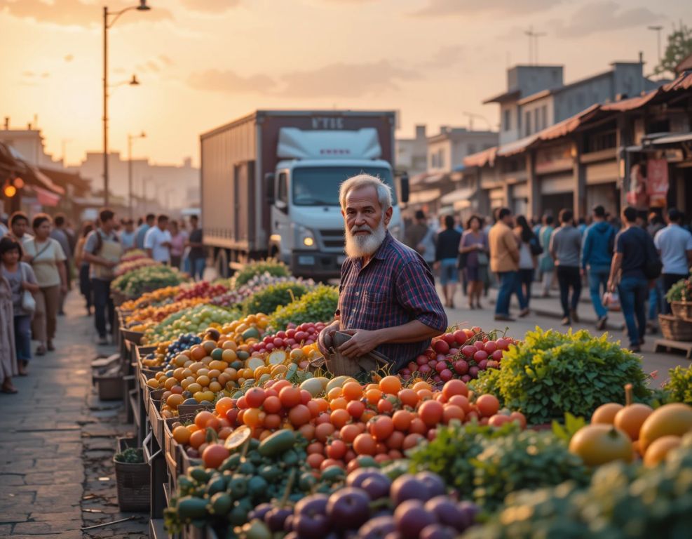mercado matutino vibrante con agricultores compradores y camion en movimiento