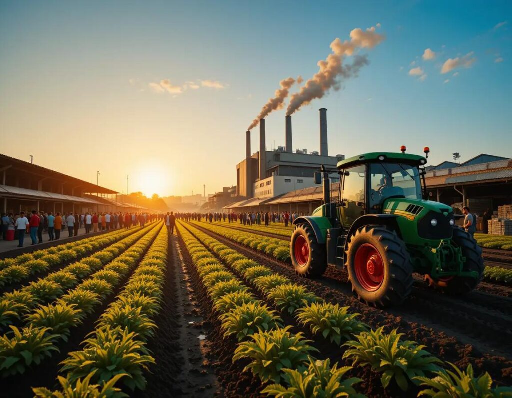 mercado matutino vibrante con agricultores maquinaria y fabrica moderna