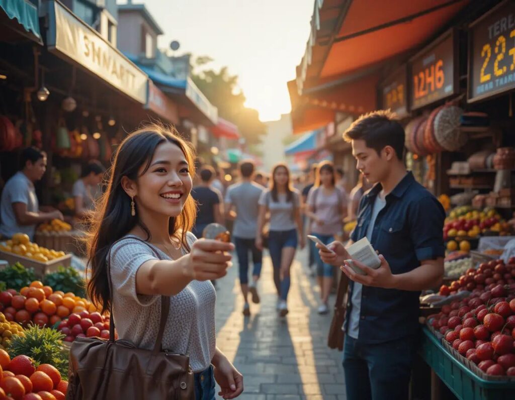 mercado matutino vibrante con compradores puestos coloridos y ambiente animado