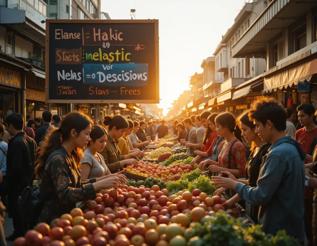 mercado matutino vibrante con compradores puestos coloridos y luz dorada