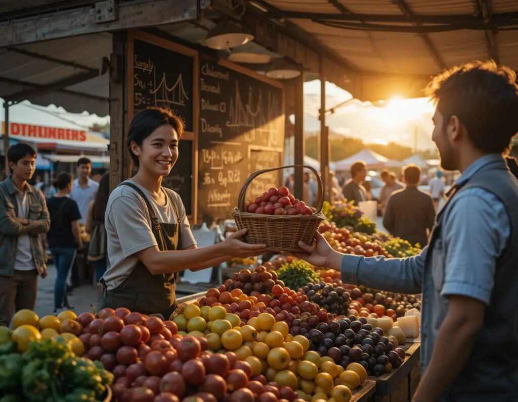 mercado matutino vibrante con frutas vendedor sonriente y clientes