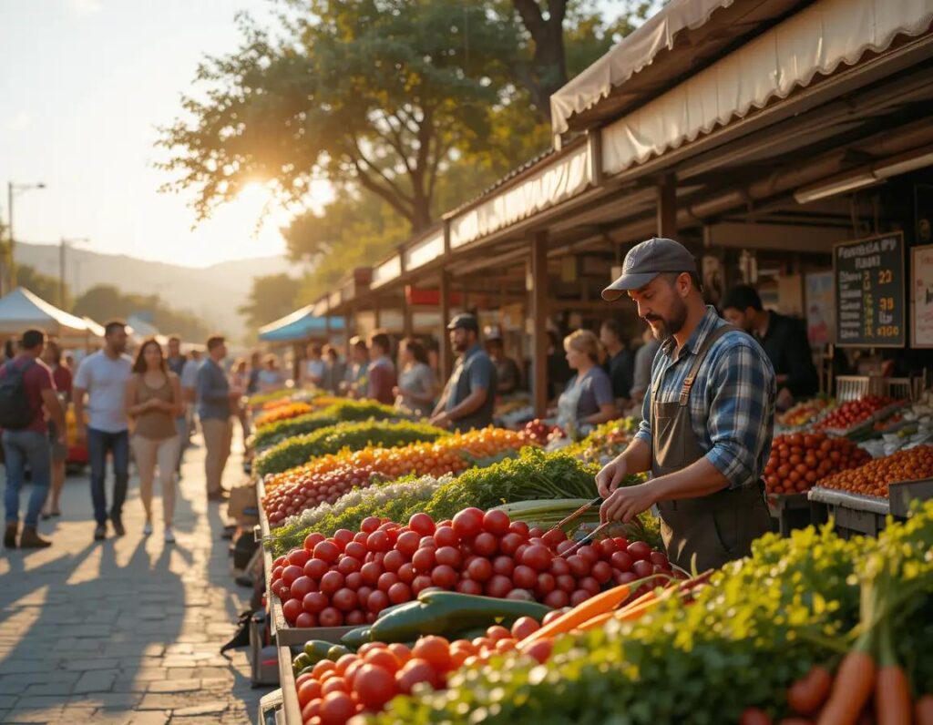 mercado matutino vibrante con puestos coloridos agricultores y naturaleza