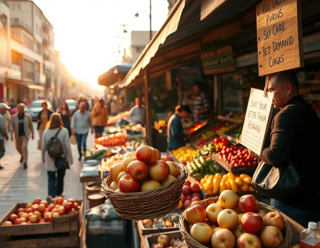 mercado matutino vibrante con puestos coloridos y clientes atentos