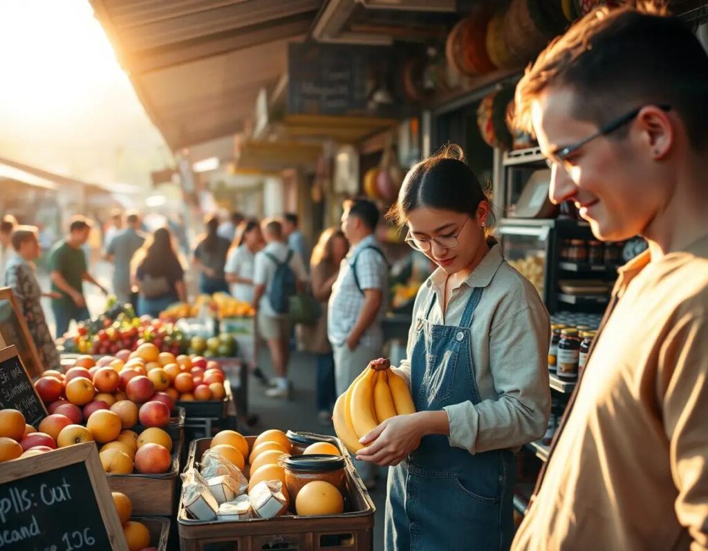 mercado matutino vibrante con puestos coloridos y clientes atentos respetuosos