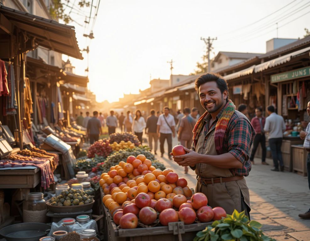 mercado matutino vibrante con vendedores frutas telas y actividad
