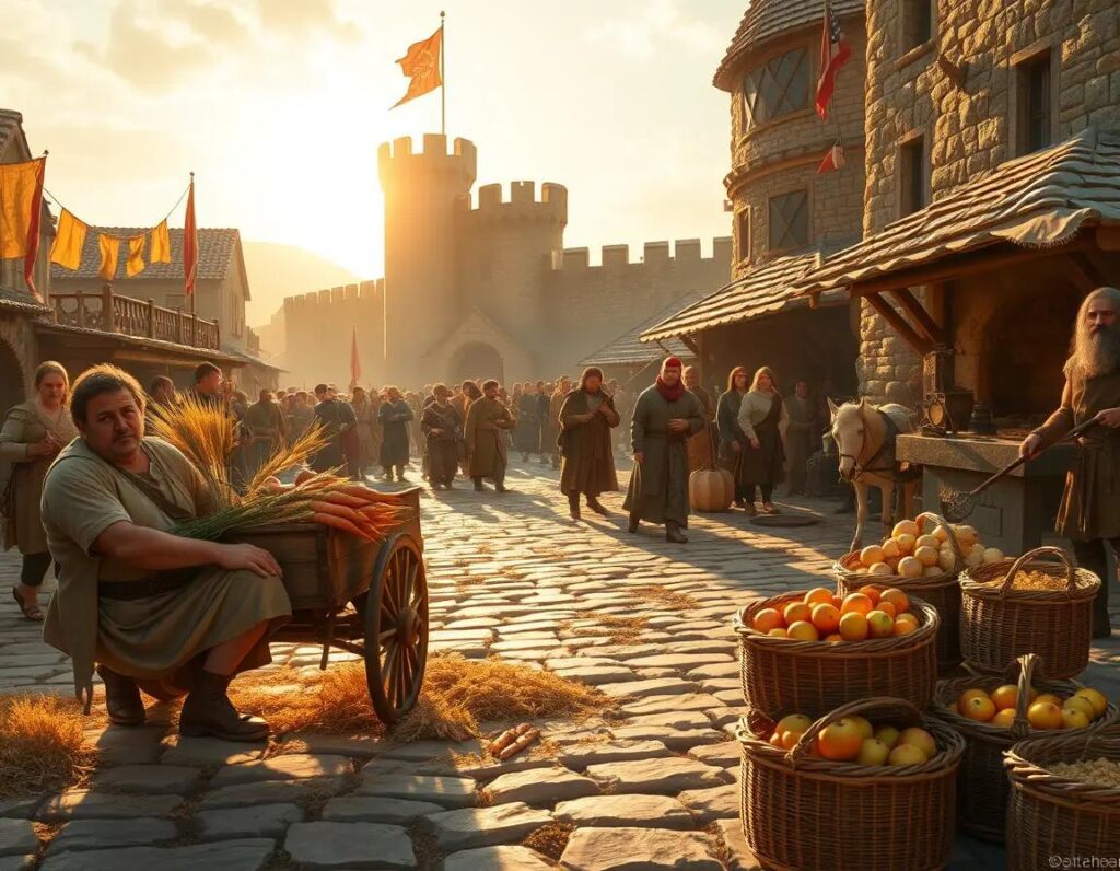 mercado medieval al amanecer agricultores herrero y castillo en escena