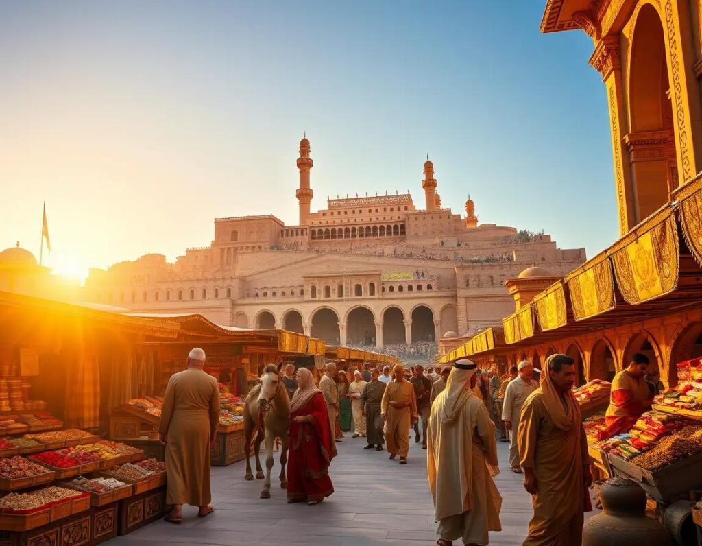 mercado persa al amanecer con comerciantes animales y arquitectura grandiosa