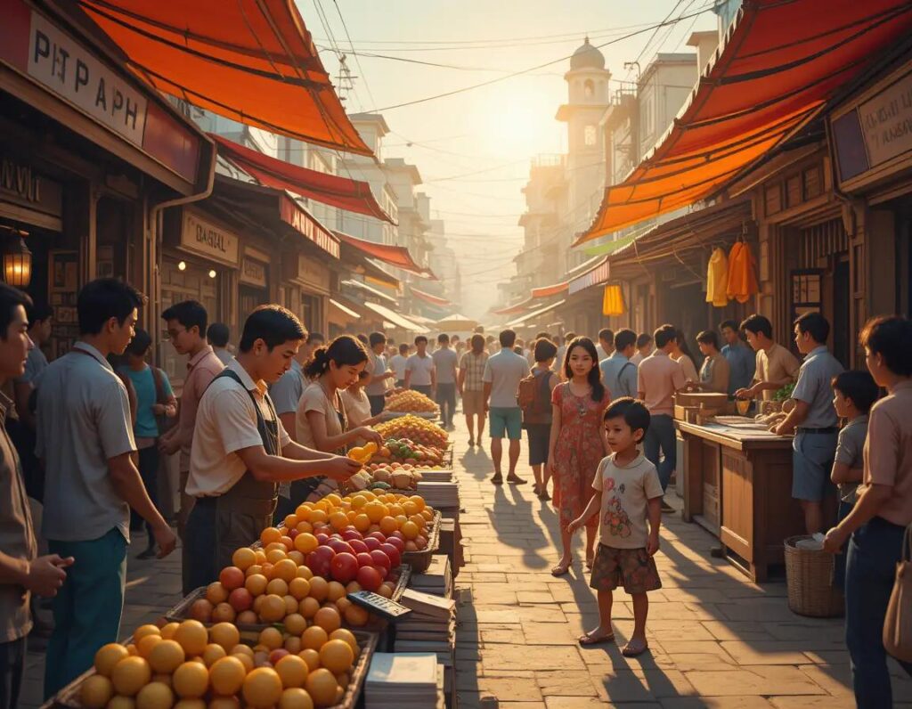 mercado vibrante al amanecer con comerciantes clientes y banquero activo