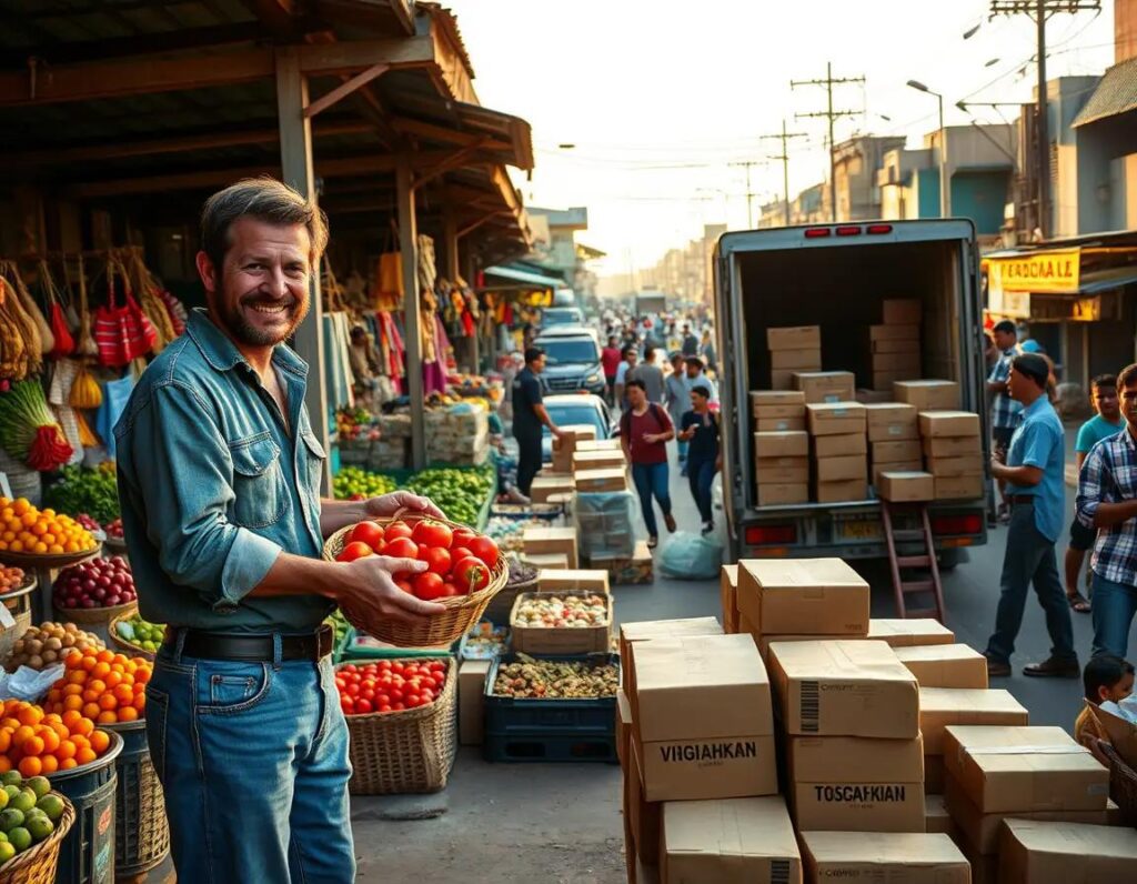 mercado vibrante al amanecer con puestos coloridos gente activa y alegria