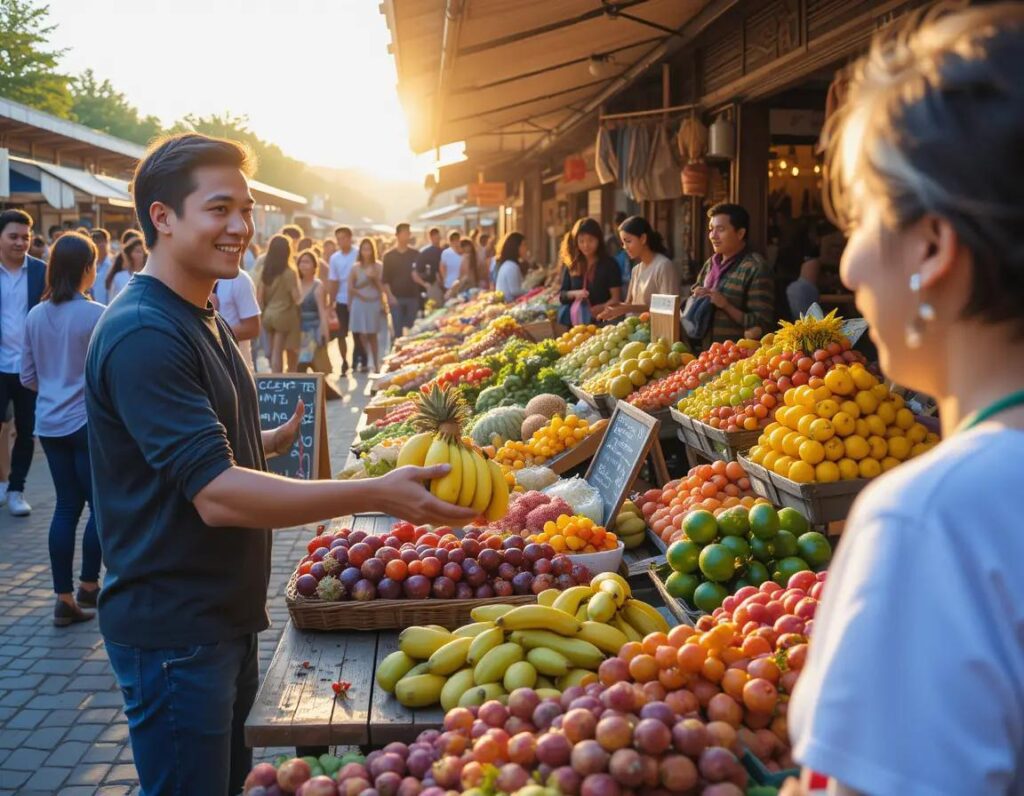 mercado vibrante al amanecer lleno de colores y vida en cada rincon