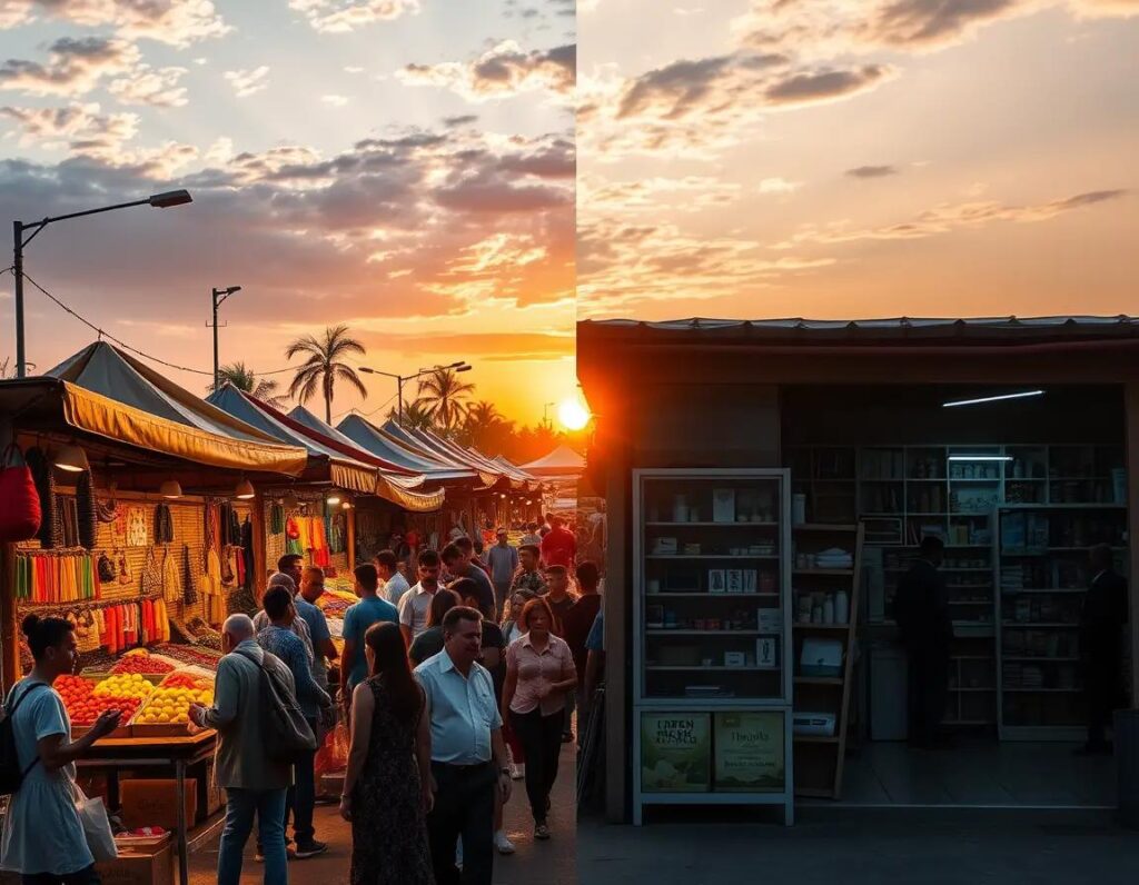 mercado vibrante al atardecer con contraste entre apertura y reserva